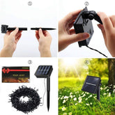 Collage of solar light components and their usage, including a solar panel, string lights, and outdoor setup.